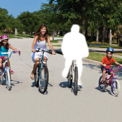 A family cycling but with the Father missing. The Mother is not wearing a cycling helmet, suggesting contributory negligence of the Father