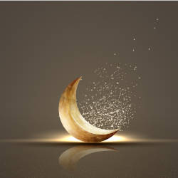 An illuminated crescent moon which signifies the beginning and end of fasting in Ramadan