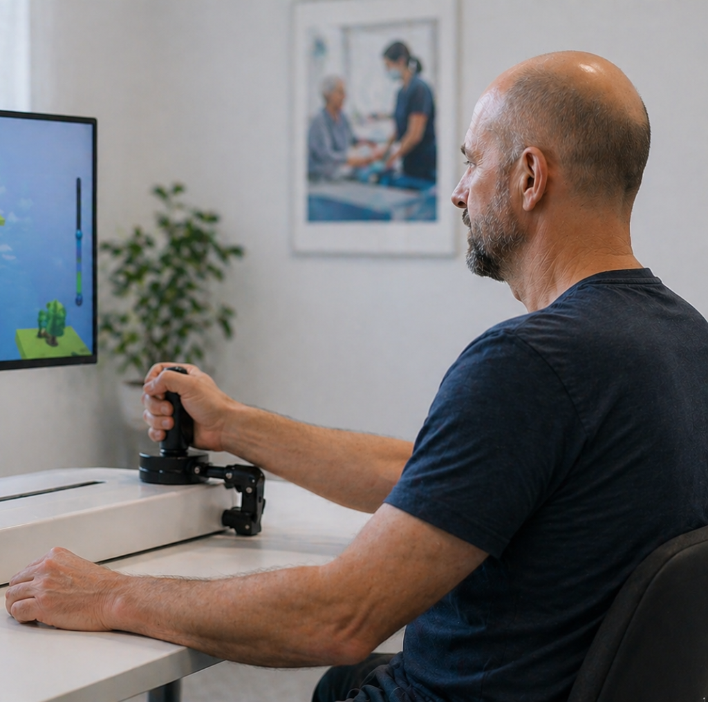 Man uses technology for brain injury rehabilitation.